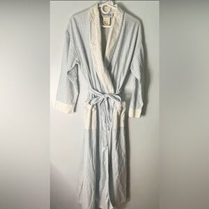 Vintage Lanz of Salzburg Blue White Polka dot,  Stripe Flannel Robe Sash Sz M